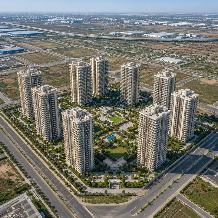 Prestige Park Lane KIADB indicative aerial view over the 32.26-acre parcel at KIADB Hi-Tech Defence and Aerospace Park Phase-2, Haraluru, Devanahalli, North Bengaluru