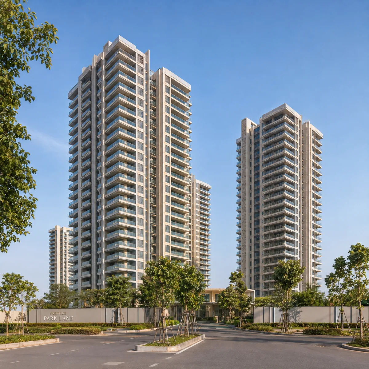 Prestige Park Lane KIADB indicative tower elevation seen from the approach road, high-rise residential blocks on the KIADB Aerospace Park Phase-2 layout at Devanahalli Prestige Park Lane KIADB indicative tower elevation seen from the approach road, high-rise residential blocks on the KIADB Aerospace Park Phase-2 layout at Devanahalli