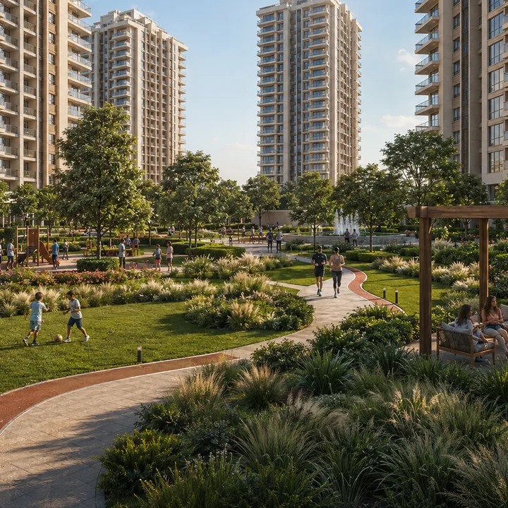 Prestige Park Lane KIADB indicative landscaped garden with a jogging loop, lawn and shaded seating between the tower bases
