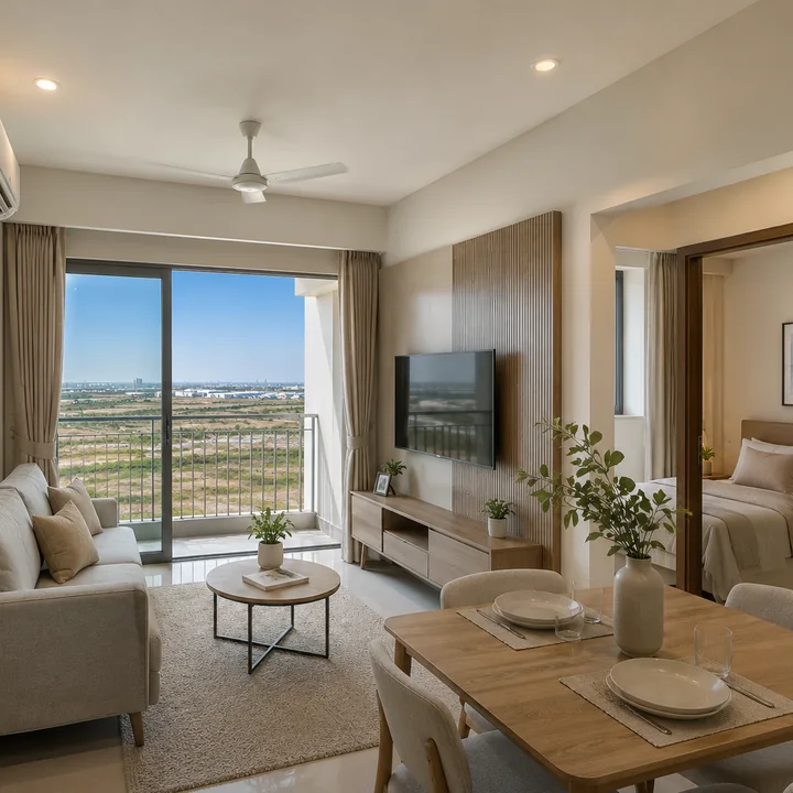 Prestige Park Lane KIADB indicative apartment living and dining interior with a balcony opening to a high-level view over the open Devanahalli landscape