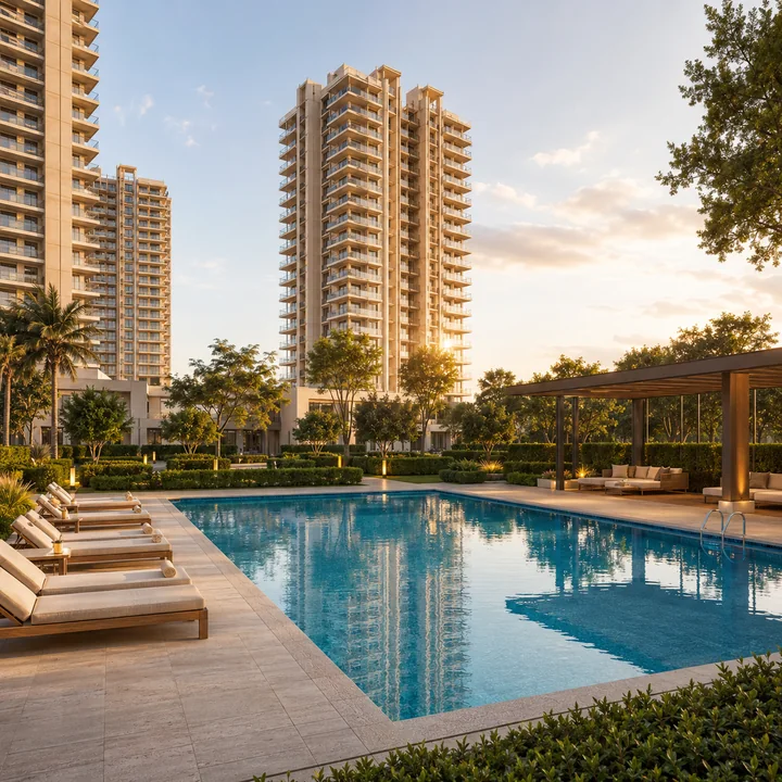 Prestige Park Lane KIADB indicative outdoor swimming pool with paved deck and shaded pergola within the landscaped grounds