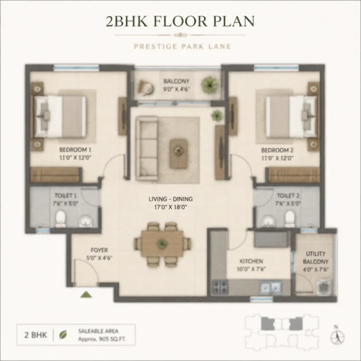 Prestige Park Lane KIADB 2 BHK apartment floor plan, indicative saleable area 905 sq ft