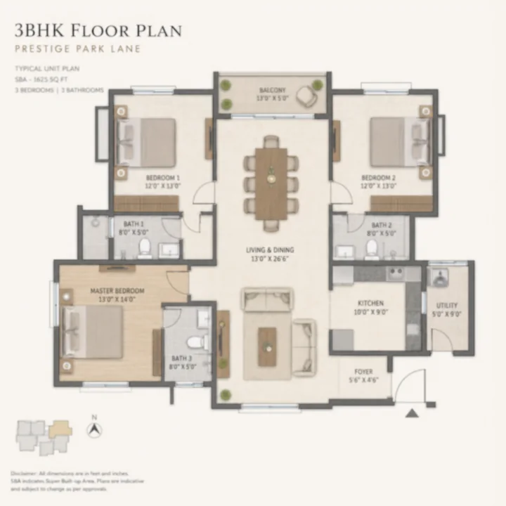 Prestige Park Lane KIADB 3 BHK apartment floor plan, indicative saleable area 1,605 sq ft