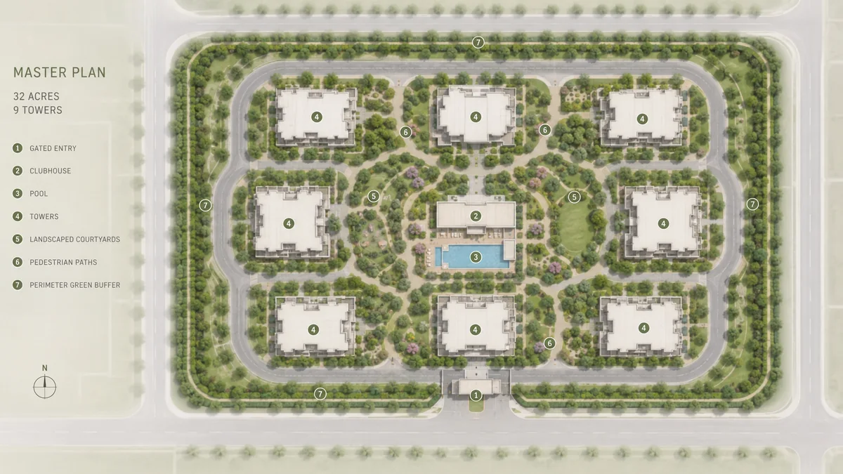 Prestige Park Lane KIADB indicative master plan across 32 acres showing nine residential towers, the central amenity zone, the internal loop road and a single gated entry