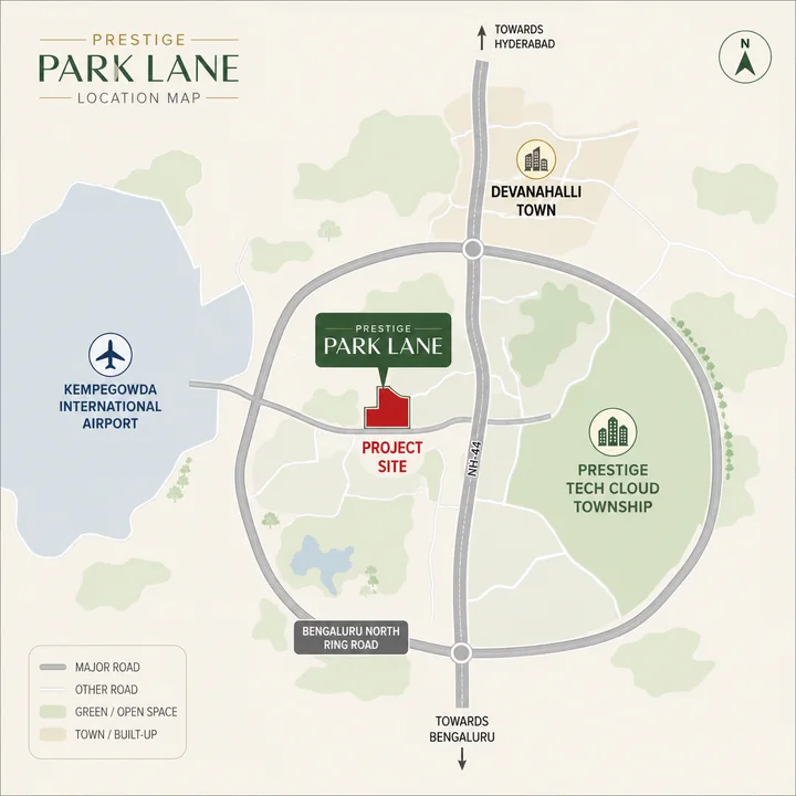 Prestige Park Lane KIADB location map showing the site at KIADB Aerospace Park Phase-2 relative to Kempegowda International Airport, Devanahalli town, NH-44 and the Satellite Town Ring Road